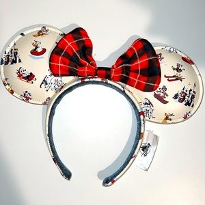 Disney Mickey Minnie Mouse Ears Winter Christmas Plaid Bow